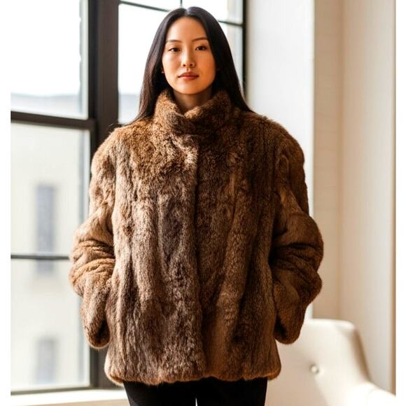 Vintage Jackets & Blazers - Vintage 100% Rabbit Fur Jacket Size Large Long Sleeves Fully Lined